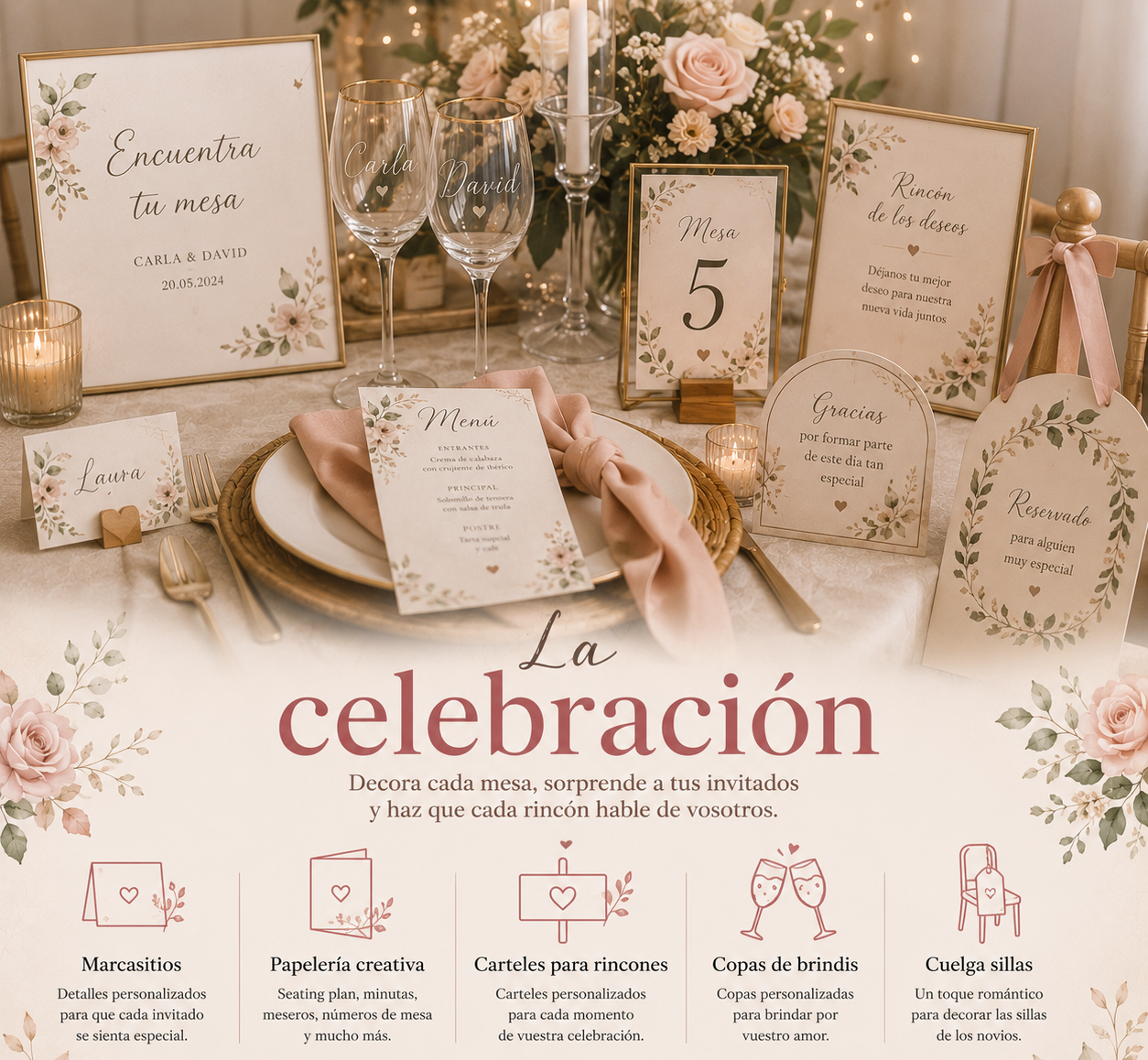 Decoración personalizada para la celebración de una boda con marcasitios, papelería creativa, carteles para rincones, copas de brindis y cuelga sillas personalizados.