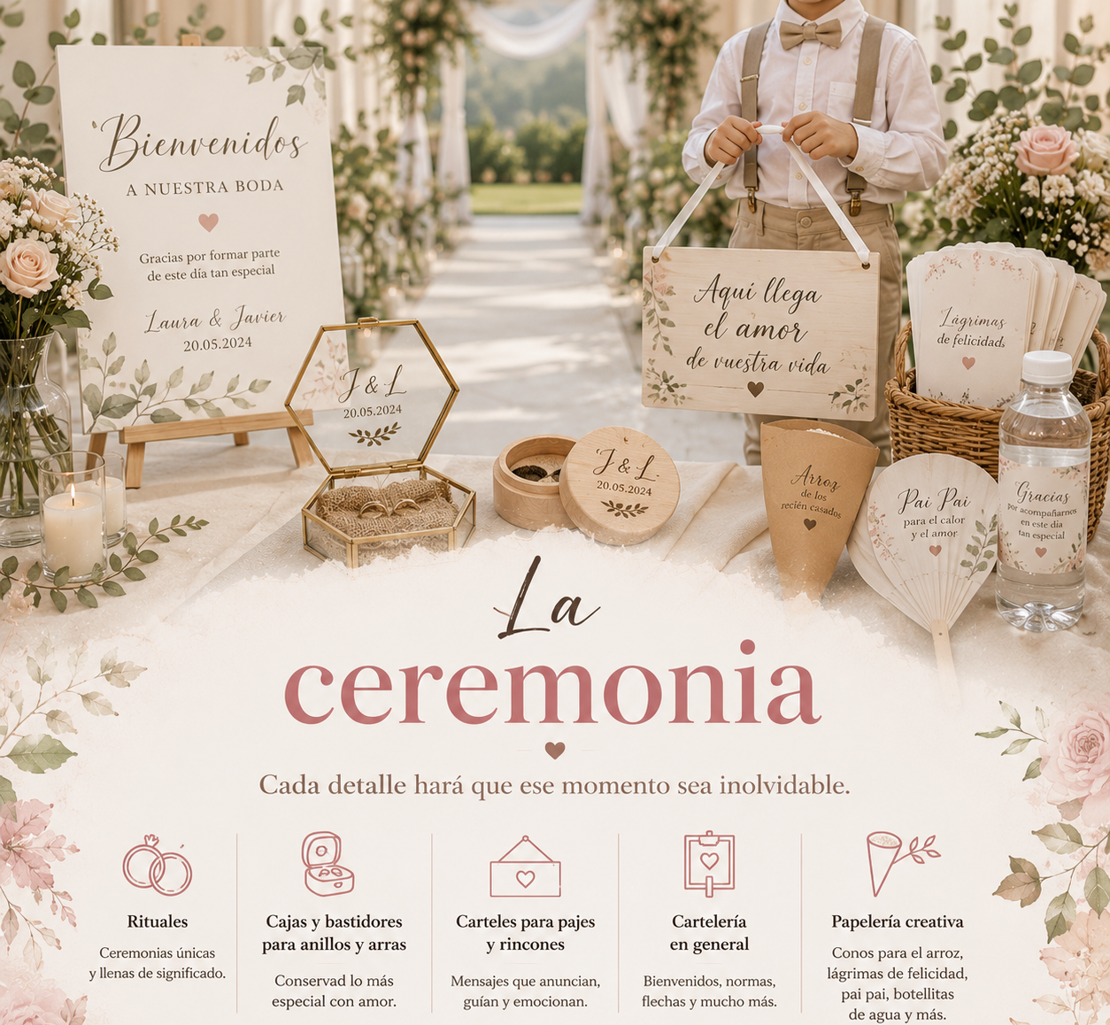 Productos personalizados para la ceremonia de una boda: carteles de bienvenida, carteles para pajes, cajas para anillos y arras, rituales y papelería creativa.