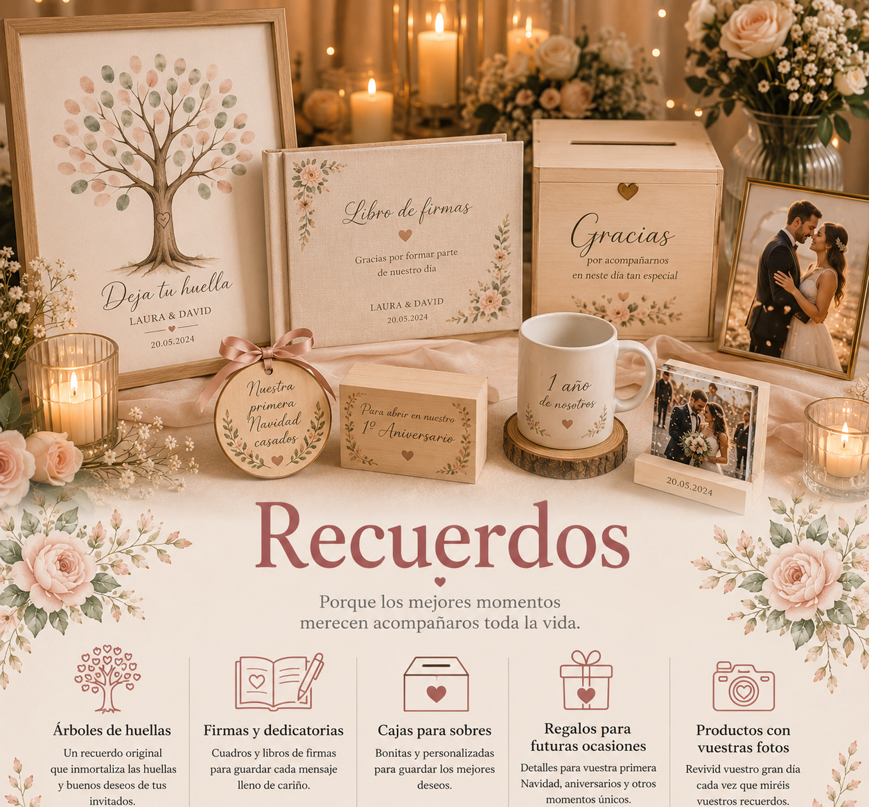Recuerdos personalizados para bodas con árboles de huellas, libros de firmas, cajas para sobres, regalos de aniversario y productos con fotografías de la boda.
