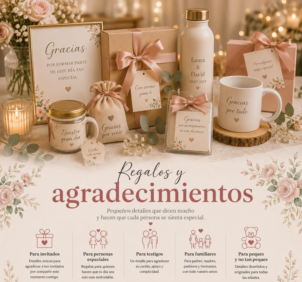 Regalos y detalles personalizados para bodas, con regalos para invitados, testigos, padrinos, familiares y personas especiales.