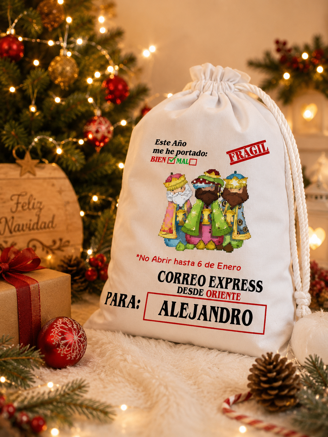 Saco de Navidad personalizado con Reyes Magos y nombre para regalar