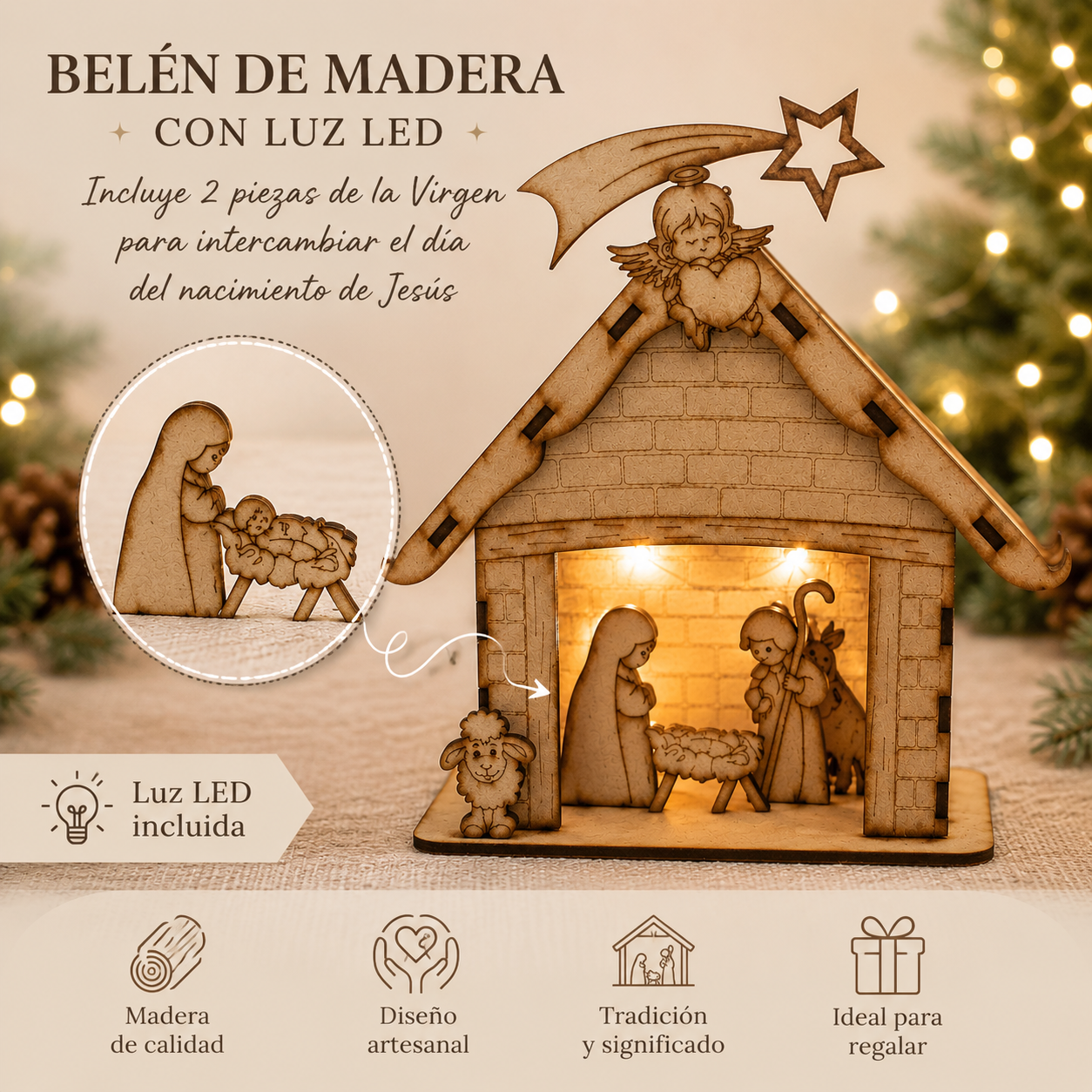 Belén de Madera Tradicional con Virgen y Niño