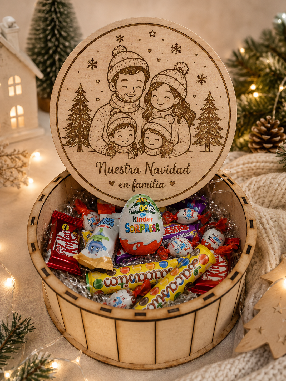 Caja de madera personalizada con chuches y decoración navideña para regalar