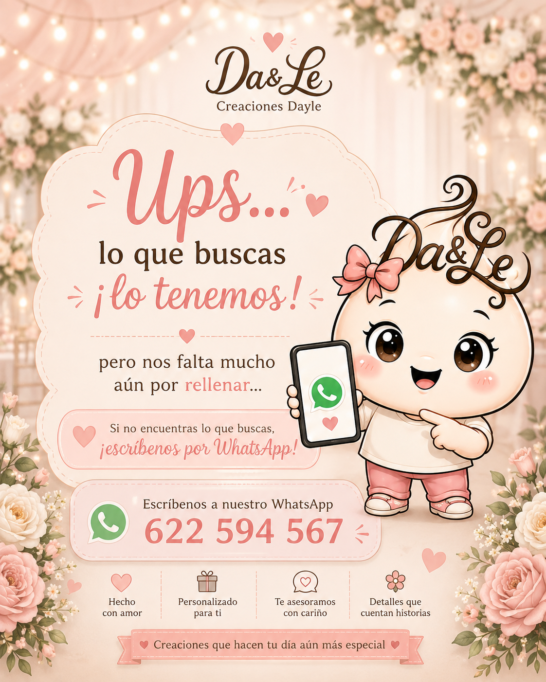 Gotita de Creaciones Dayle invitando a contactar por WhatsApp para encontrar productos personalizados