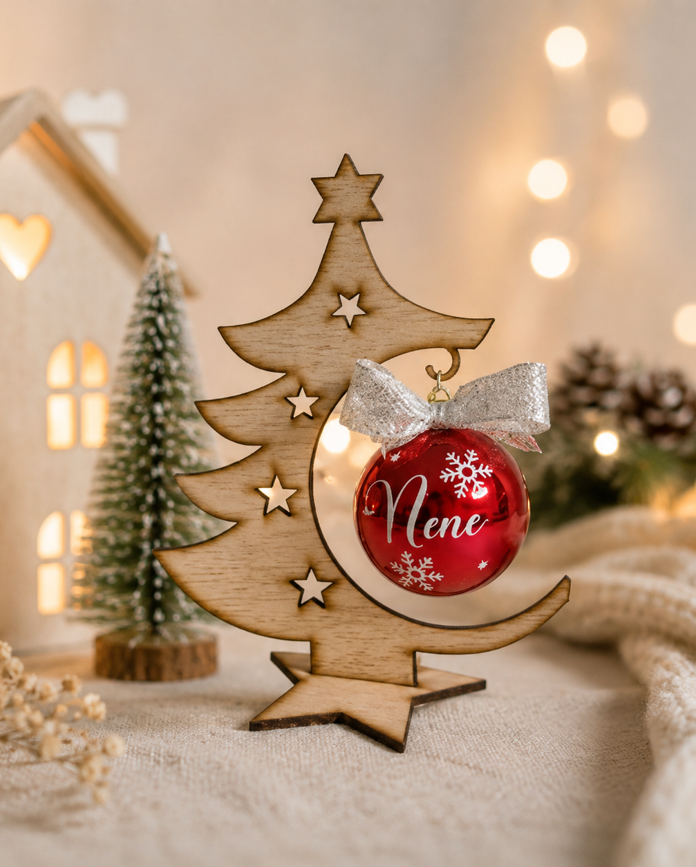 Árbol de Navidad de madera con bola personalizada en rojo y nombre