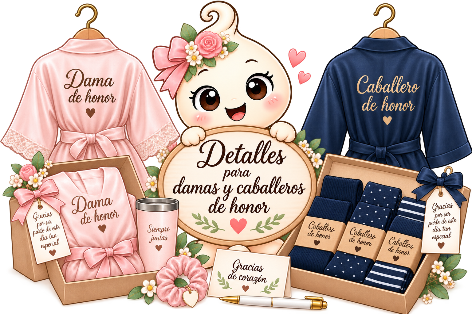 Gotita de Creaciones Day&Le con batas para damas de honor y calcetines para caballeros de honor