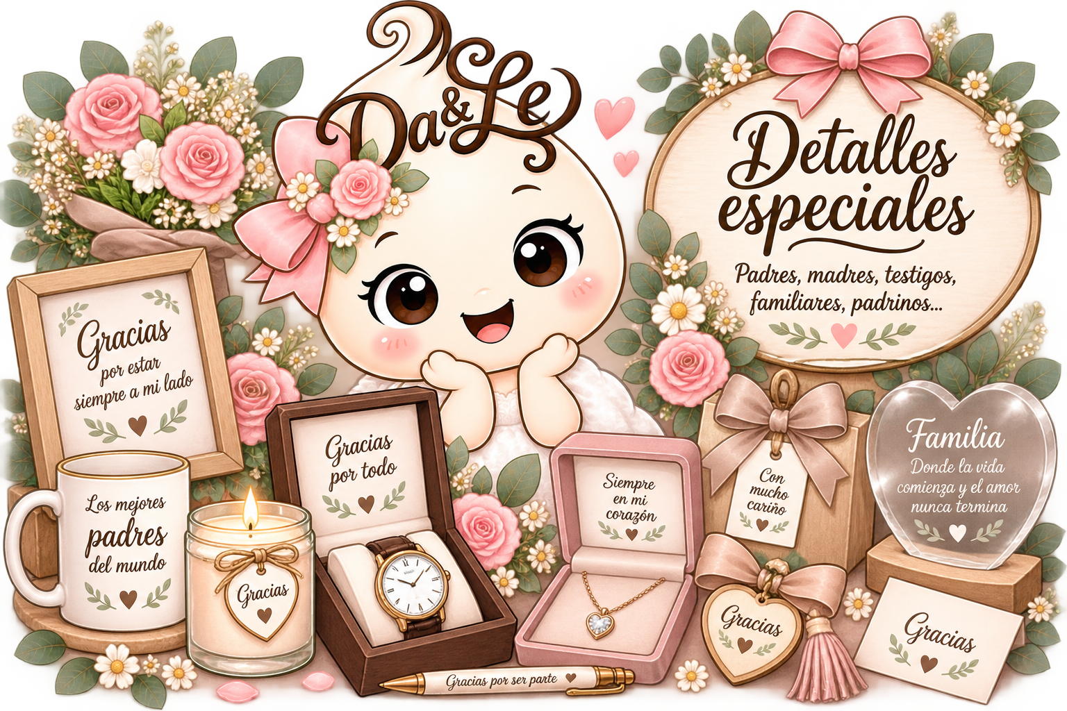 Gotita de Creaciones Day&Le rodeada de regalos y detalles personalizados para familiares y personas especiales