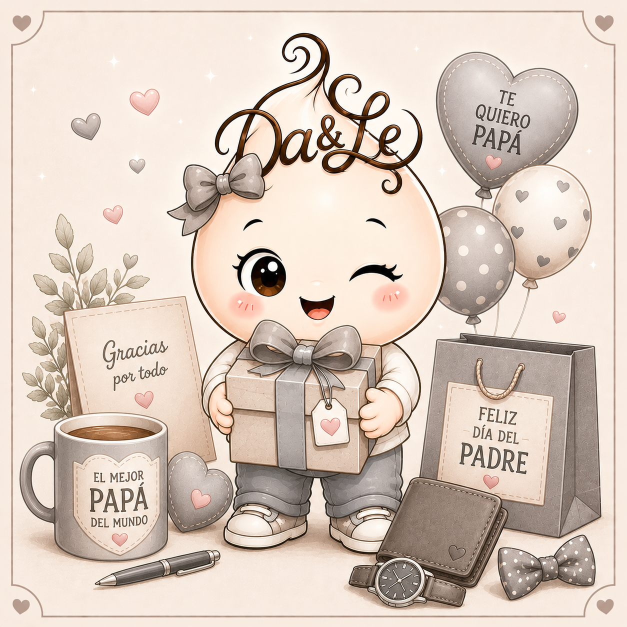 Gota de Creaciones Dayle con regalo para papá rodeada de detalles en tonos gris y crema