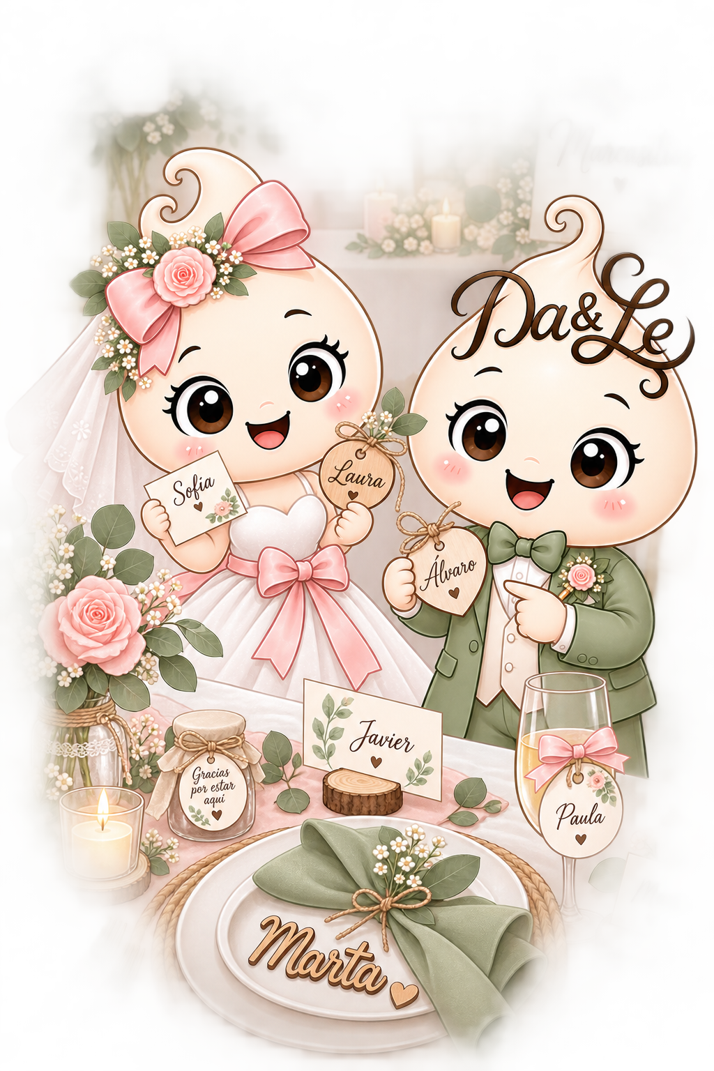 Gotita novia y novio mostrando marcasitios personalizados para bodas