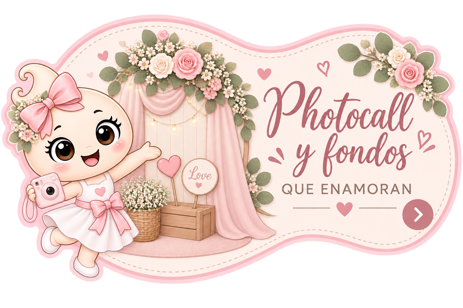 Gotita novia junto a un photocall decorado para una boda