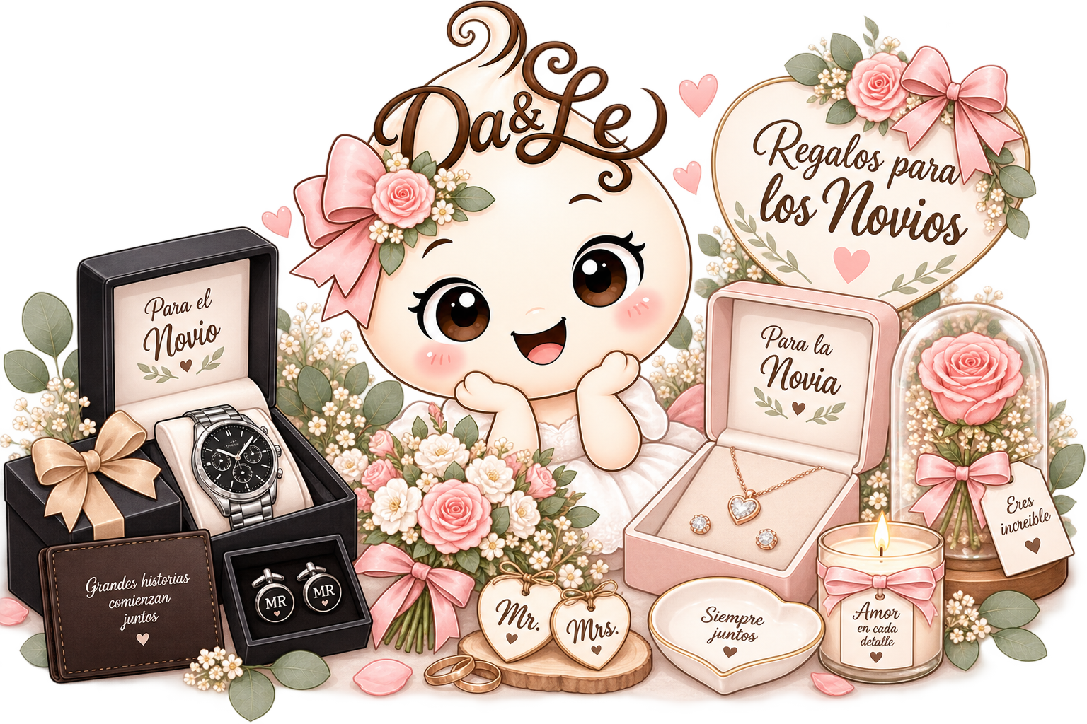 Gotita de Creaciones Day&Le rodeada de regalos personalizados para los novios