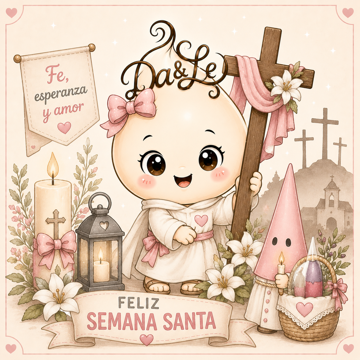 Gota de Creaciones Dayle celebrando la Semana Santa con cruz, vela, flores y detalles en rosa y crema