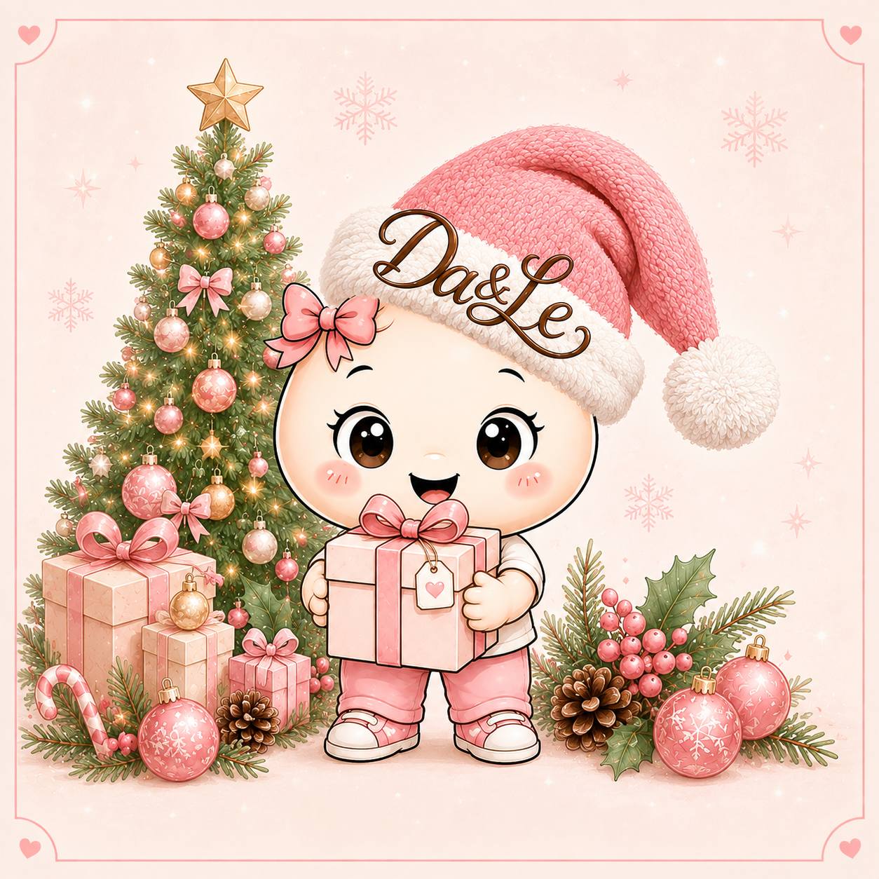 Tarjeta de Navidad con ilustración de niña con gorro rosa, árbol de Navidad y regalos
